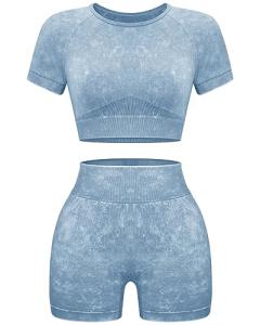 OLCHEE Womens Workout Sets 2 Piece - Seamless Acid Wash Yoga Outfits Leggings Shorts and Crop Top Matching Gym Activewear Athletic Clothing Set - Blue Medium