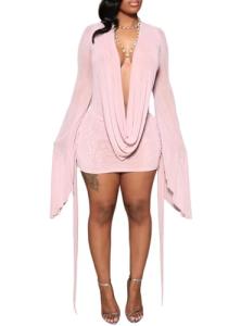 Backless Pink Mini Dress with Long Sleeve