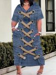 Plus Size Denim Print V Neck Maxi Dress