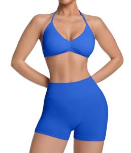 Halter Strappy Workout Set with Ribbed Gym Shorts