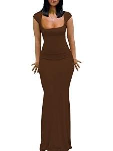 Brown Bodycon Maxi Dress with Cap Sleeves