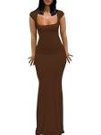 Brown Bodycon Maxi Dress with Cap Sleeves