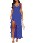 Blue Backless Ruffle Hem Maxi Dress for Parties