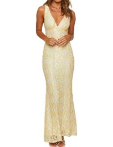 Chic Yellow Lace Floral Backless Bodycon Dress