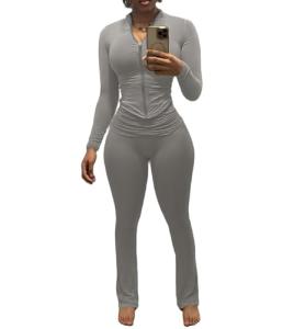 Light Grey Long Sleeve Workout Outfit Set for Women