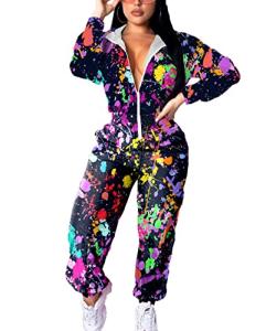 EOSIEDUR Women's One Piece Tracksuit Outfits Windbreaker Jacket Camouflage Crop Top Pants Jumpsuit Set Tie-dyed L