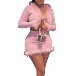 Women Sexy 2 Piece Outfits Rave Tie-up Feather Trim Fur Long Sleeve Cardigan Deep V Blouse