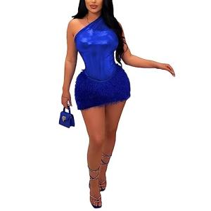 Kafiloe Women Sexy 2 Piece Outfits Clubwear One Shoulder Metallic Bodysuit Top Night Party Club Mini Skirt Set Royal Blue M
