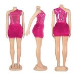 Kafiloe Women Sexy 2 Piece Outfits Clubwear One Shoulder Metallic Bodysuit Top Night Party Club Mini Skirt Set Rose Red2XL