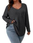Koscacy Plus Size Clothes for Women Sexy V Neck Tops with Pocket Fall Shirts Deep Grey Long Sleeve Shirt Cute Outfits Streetwear Casual Knit Sweater 3XL