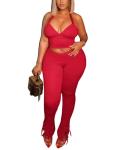 Kafiloe Birthday Club Outfits for Women Sexy 2 Piece Sets Going Out Halter Crop Top Bodycon Flare Pants Set Red 2XL
