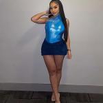 Kafiloe Women Sexy 2 Piece Outfits Clubwear One Shoulder Metallic Bodysuit Top Night Party Club Mini Skirt Set Royal Blue M