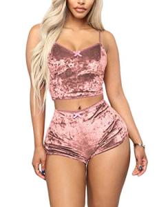 Women's Velvet 2 Piece Outfit Spaghetti Strap Backless Crop Top and Bodycon Shorts Set Clubwear Brown 2XL