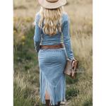Laeuokie Women’s Western Fringe Dress Long Sleeve Faux Suede Zip Front Cowgirl Bodycon Midi Dress (US, Alpha, Large, Regular, Regular, Blue)