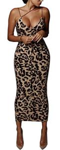 PRIMODA Women's Sexy Neon Asymmetrical Spaghetti Strap Dress Deep V-Neck Sleeveless Bodycon Midi Club Dress (Leopard M)