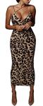 PRIMODA Women's Sexy Neon Asymmetrical Spaghetti Strap Dress Deep V-Neck Sleeveless Bodycon Midi Club Dress (Leopard M)