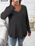 Koscacy Plus Size Clothes for Women Sexy V Neck Tops with Pocket Fall Shirts Deep Grey Long Sleeve Shirt Cute Outfits Streetwear Casual Knit Sweater 3XL
