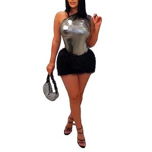 Kafiloe Women Sexy 2 Piece Outfits Clubwear One Shoulder Metallic Bodysuit Top Night Party Club Mini Skirt Set Black S