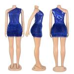 Kafiloe Women Sexy 2 Piece Outfits Clubwear One Shoulder Metallic Bodysuit Top Night Party Club Mini Skirt Set Royal Blue M