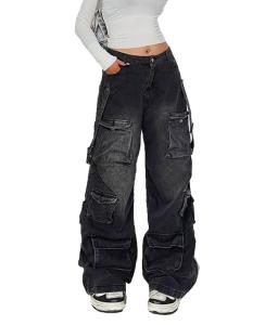 Lafaguw Women's Cargo Pants Low Waist Baggy Jeans Pocket Wide Leg Casual Trendy Streetwear Grunge Emo Clothes(Black1-M)