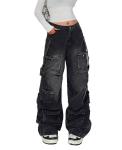 Lafaguw Women's Cargo Pants Low Waist Baggy Jeans Pocket Wide Leg Casual Trendy Streetwear Grunge Emo Clothes(Black1-M)