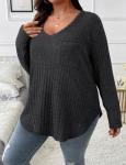 Koscacy Plus Size Clothes for Women Sexy V Neck Tops with Pocket Fall Shirts Deep Grey Long Sleeve Shirt Cute Outfits Streetwear Casual Knit Sweater 3XL