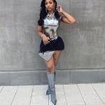 Kafiloe Women Sexy 2 Piece Outfits Clubwear One Shoulder Metallic Bodysuit Top Night Party Club Mini Skirt Set Black S