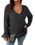 Koscacy Plus Size Clothes for Women Sexy V Neck Tops with Pocket Fall Shirts Deep Grey Long Sleeve Shirt Cute Outfits Streetwear Casual Knit Sweater 3XL
