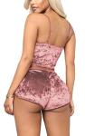 Women's Velvet 2 Piece Outfit Spaghetti Strap Backless Crop Top and Bodycon Shorts Set Clubwear Brown 2XL
