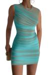 GOKATOSAU Women's Summer Sleeveless Round Neck Mesh Full Ruched Bodycon Mini Dress Lightblue