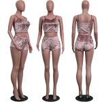 Women's Velvet 2 Piece Outfit Spaghetti Strap Backless Crop Top and Bodycon Shorts Set Clubwear Brown 2XL