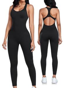 OLCHEE Womens Workout Jumpsuits Seamless Yoga Gym Bodycon Rompers Sexy Racerback Tummy Control Padded Bra Unitard - Black Small