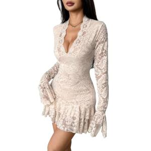 Womens Dress Sexy Deep V Neck Long Ruffle Sleeve Dresses Slimming Floral Lace Hip-Hugging A-Line Hem Trendy Dress Apricot
