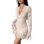 Womens Dress Sexy Deep V Neck Long Ruffle Sleeve Dresses Slimming Floral Lace Hip-Hugging A-Line Hem Trendy Dress Apricot
