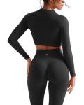 SUUKSESS Women 2 Piece Workout Sets Hidden Scrunch Hip Lifting Seamless Leggings Long Sleeve Yoga Crop Tops High Waisted Yoga Pants Tracksuits (Black, M)
