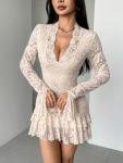 Womens Dress Sexy Deep V Neck Long Ruffle Sleeve Dresses Slimming Floral Lace Hip-Hugging A-Line Hem Trendy Dress Apricot