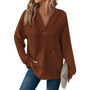 Sweatshirts For Women Button Down V-neck Waffle Knit Graphic Hoodies Streetwear Solid Fall Tops Curvy Drawstring Long Sleeve Pullover Travel Clothes Soft