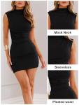 MIYIEONZ Women's Sexy Summer Casual Mock Neck Sleeveless Bodycon Dresses Black Small Ruched Turtleneck Cocktail Party Mini Dress