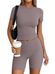 Trendy Queen 2 Piece Summer Cute Workout Sets Gym Short Set Pilates Yoga Outfits Going Out Spring Athletic Comfy Active Wear CoffeeGrey M