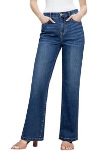 Sidefeel Women's Straight Leg Jeans High Waisted Stretchy Elastic Waist Trendy Wide Leg Denim Pants Dark Blue Size 12