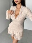 Womens Dress Sexy Deep V Neck Long Ruffle Sleeve Dresses Slimming Floral Lace Hip-Hugging A-Line Hem Trendy Dress Apricot
