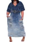 SUZONANA Plus Size Dresses for Women Casual Denim Print V Neck Short Sleeve Maxi Dress Trendy Jean Ripped Streetwear Long Curvy Fashion Party Sundress