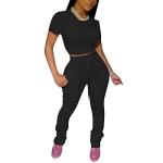 PINSV Women's 2 Piece Outfits Summer Jogging Lounge Wear Bodycon Workout Sets Short Sleeve Black S