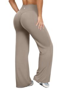 OQQ Yoga Pants Women High Waist Stretch Casual Soft Straight Leg Bottoms Taupe