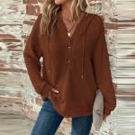 Sweatshirts For Women Button Down V-neck Waffle Knit Graphic Hoodies Streetwear Solid Fall Tops Curvy Drawstring Long Sleeve Pullover Travel Clothes Soft