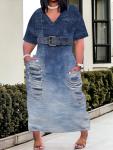 SUZONANA Plus Size Dresses for Women Casual Denim Print V Neck Short Sleeve Maxi Dress Trendy Jean Ripped Streetwear Long Curvy Fashion Party Sundress