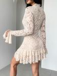 Womens Dress Sexy Deep V Neck Long Ruffle Sleeve Dresses Slimming Floral Lace Hip-Hugging A-Line Hem Trendy Dress Apricot