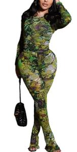 acelyn Women Sexy Two Piece Outfits Mesh Printed Bodycon Flared Pants Sets Club Going Out Birthday Outfits