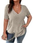 Koscacy Plus Size Clothes for Women Sexy V Neck Tops Shirts Khaki Short Sleeve Shirt Cute Outfits Streetwear Casual Tunic Top 3XL