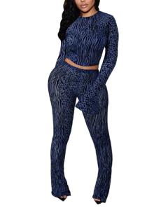 Kafiloe Club Outfits for Women Sexy 2 Piece Sets Going Out Mesh Long Sleeve Crop Top Bodycon Flare Pants Clubwear Navy Blue M